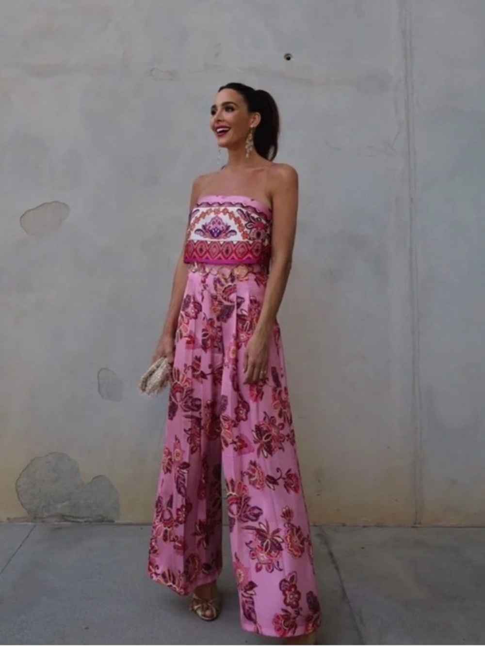 NWT Zara Strapless Pink Floral Wide-Leg Jumpsuit